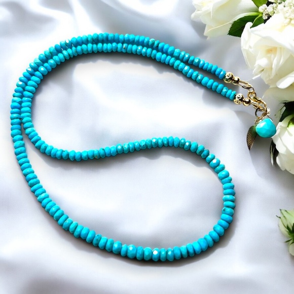 Handmade Natural Arizona Turquoise Necklace in Solid 14k Yellow Gold - Picture 9 of 11